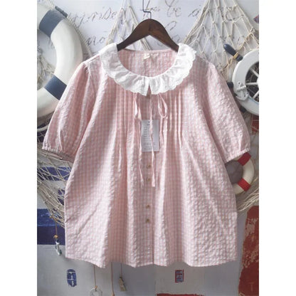 French Style Plaid Doll Collar Blouse