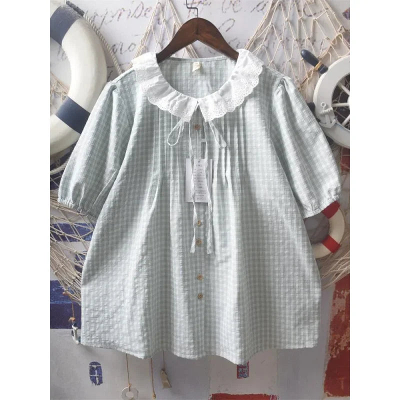 French Style Plaid Doll Collar Blouse