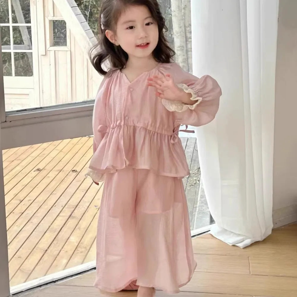 Girls Autumn V-Neck Petal Sleeve 2-Piece Set