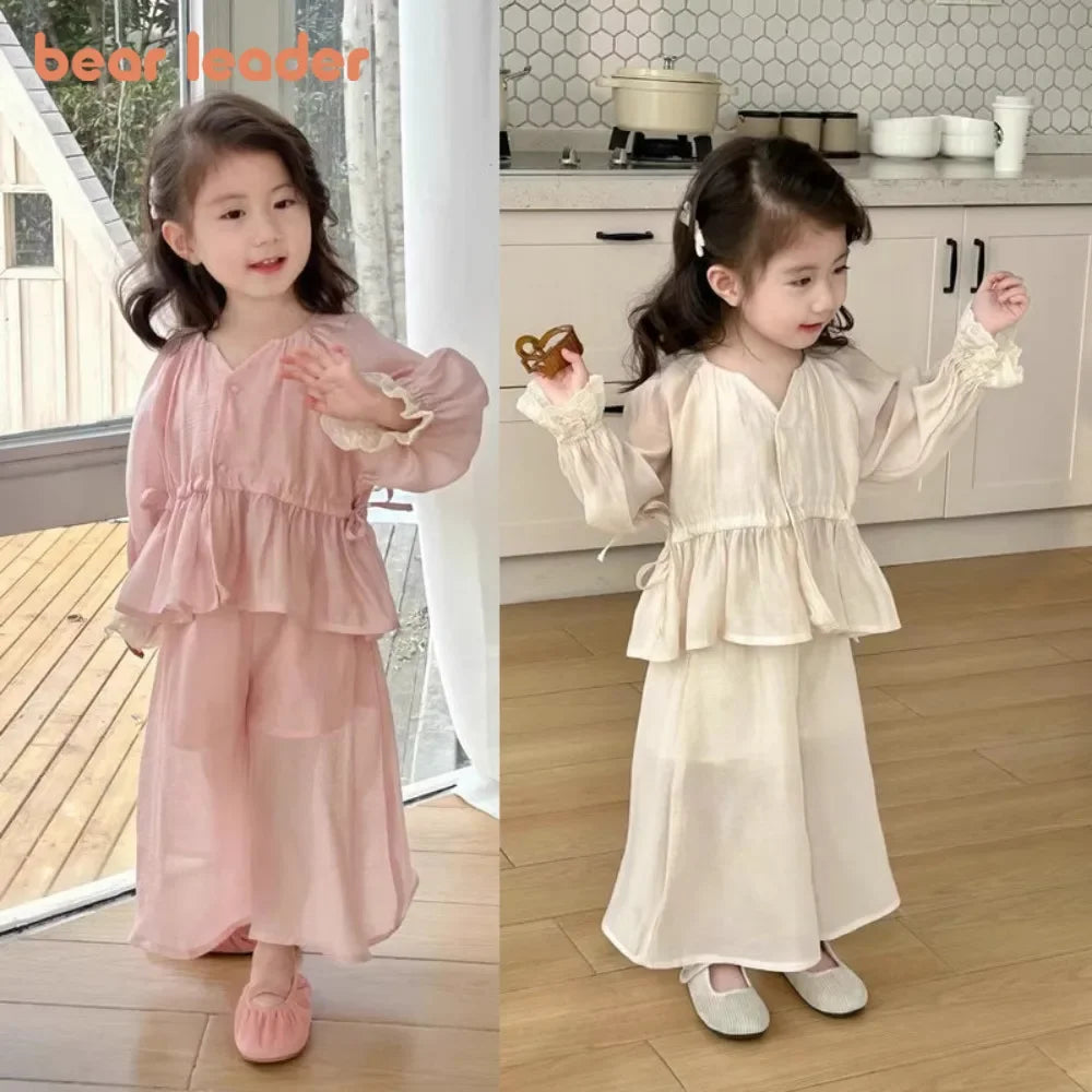 Girls Autumn V-Neck Petal Sleeve 2-Piece Set