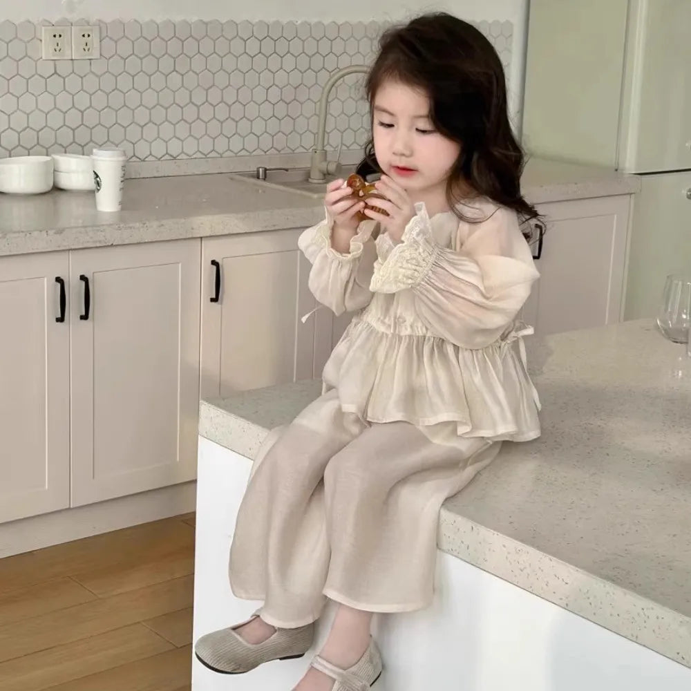 Girls Autumn V-Neck Petal Sleeve 2-Piece Set