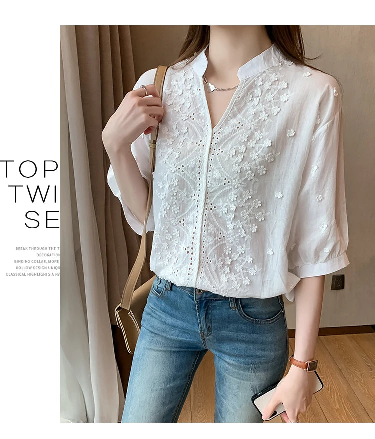 Summer Embroidery Lace V Neck Short Sleeve Tops