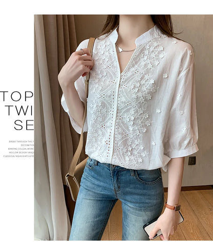 Summer Embroidery Lace V Neck Short Sleeve Tops