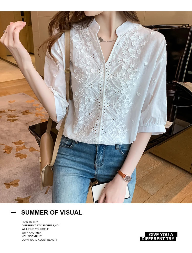 Summer Embroidery Lace V Neck Short Sleeve Tops