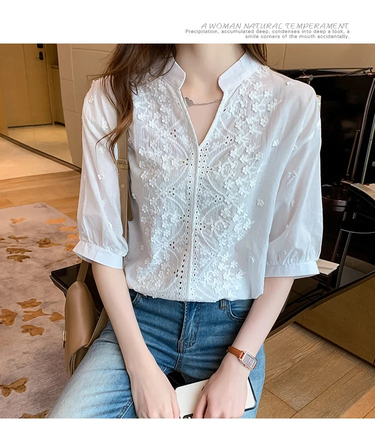 Summer Embroidery Lace V Neck Short Sleeve Tops