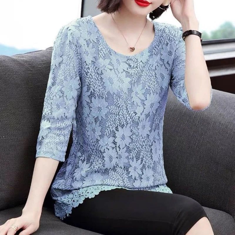 Chiffon Loose Half Sleeve O-Neck Flower Printed Blouses