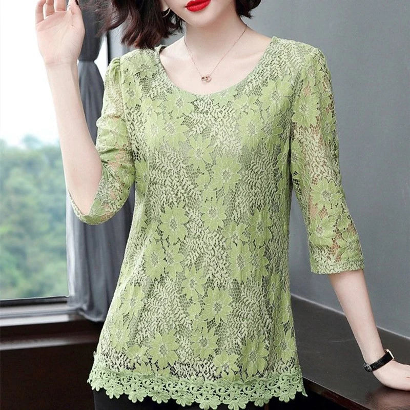 Chiffon Loose Half Sleeve O-Neck Flower Printed Blouses