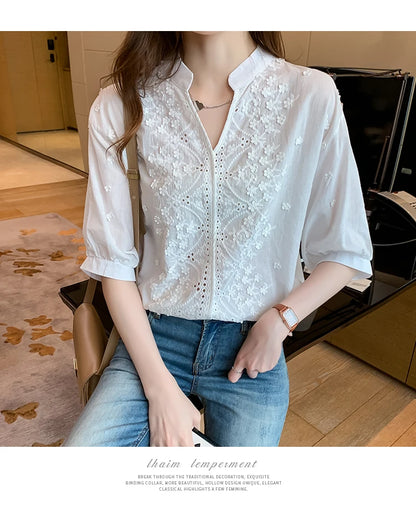 Summer Embroidery Lace V Neck Short Sleeve Tops