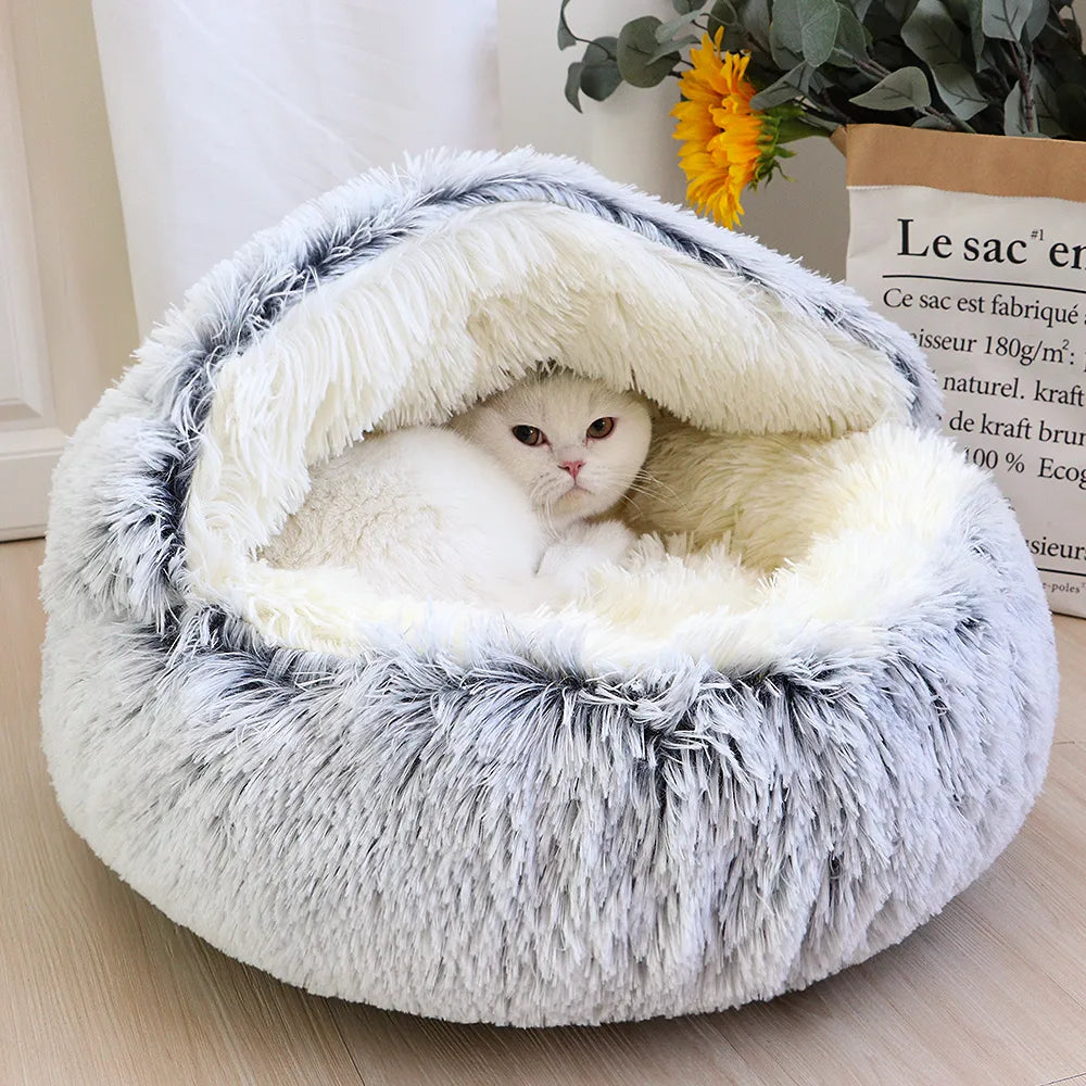 Grotte ronde et longue pour lit de chat en peluche