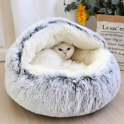 Round Long Plush Cat Bed Cave