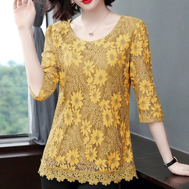 Chiffon Loose Half Sleeve O-Neck Flower Printed Blouses