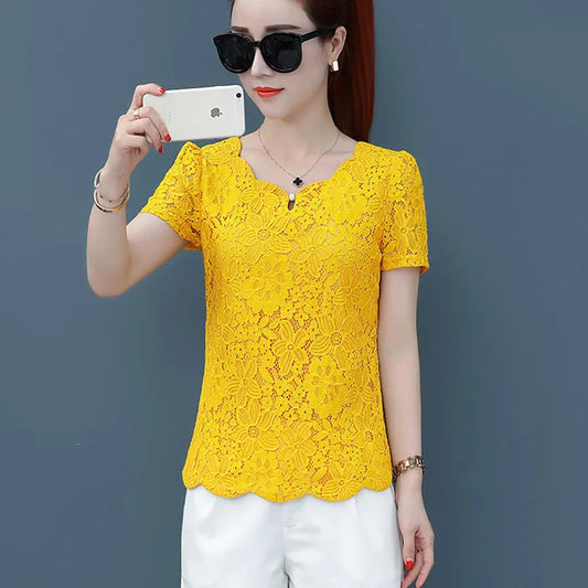 Korean Spring Autumn Yellow Lace Blouse