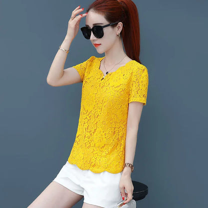 Korean Spring Autumn Yellow Lace Blouse