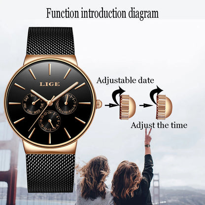 Damen-Armbanduhr mit goldenem Armband und Quarzwerk