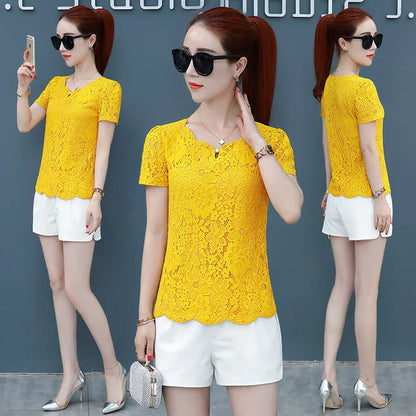 Korean Spring Autumn Yellow Lace Blouse