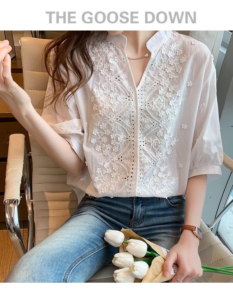 Summer Embroidery Lace V Neck Short Sleeve Tops