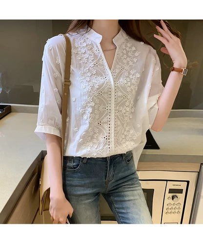 Summer Embroidery Lace V Neck Short Sleeve Tops