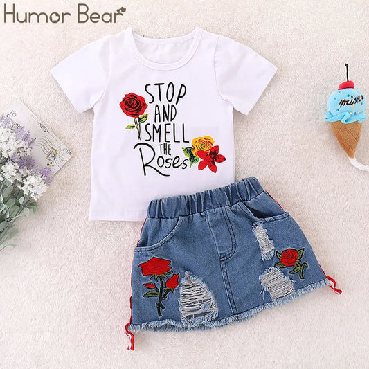 Girls Suit Embroidery Letter Print Short sleeve + skirt Set