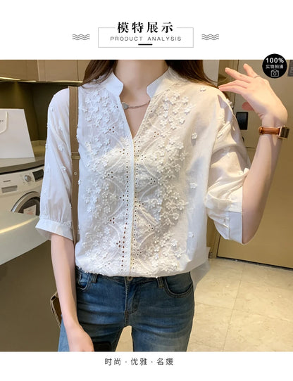 Summer Embroidery Lace V Neck Short Sleeve Tops