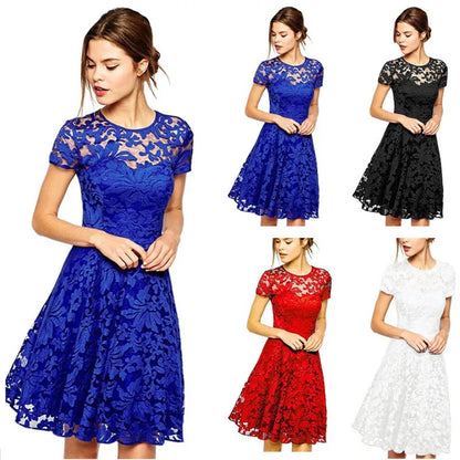 Women's Short Sleeve Floral Lace Round Neck A-line Dress