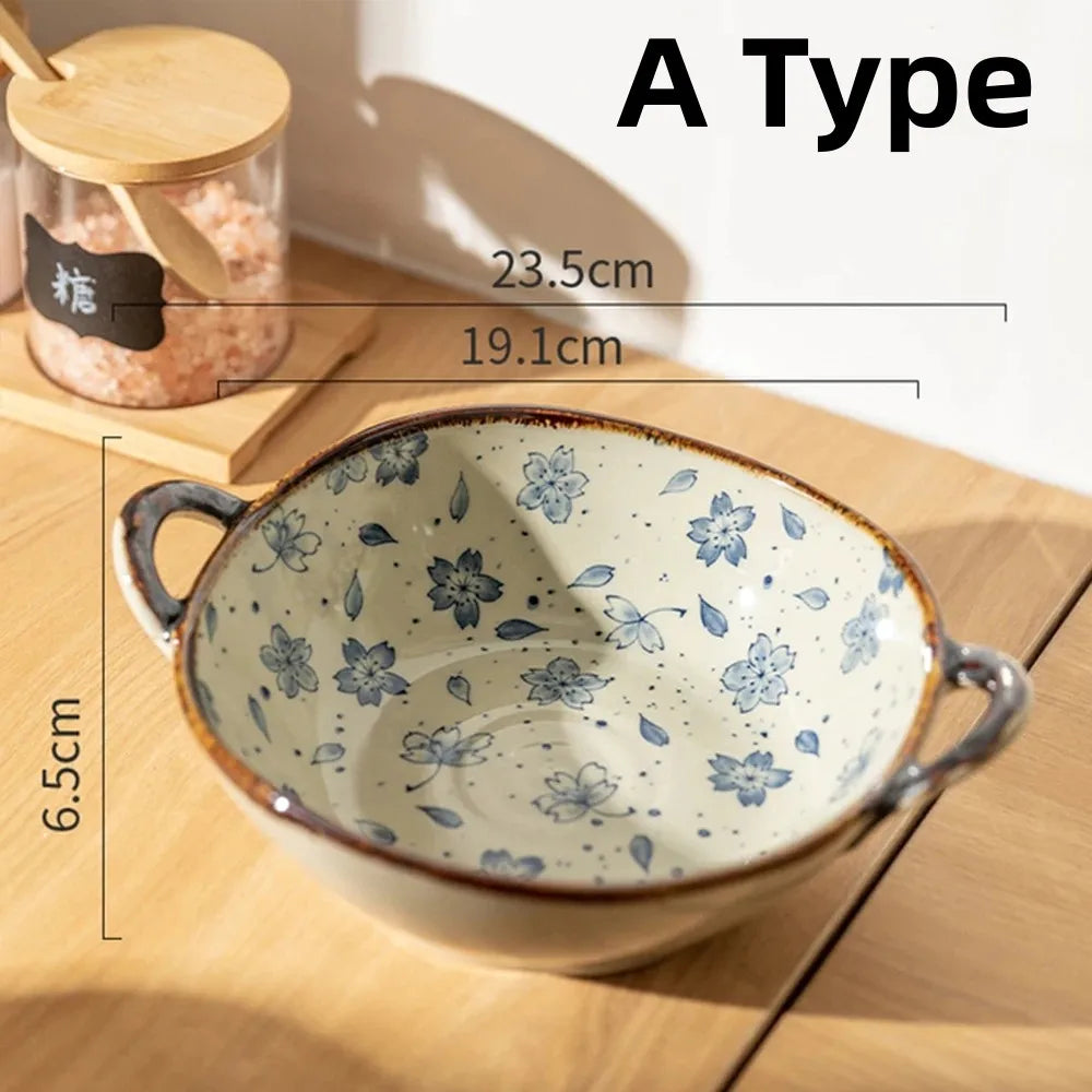 Japanese Style Ceramic Noodle Bowl With Handle