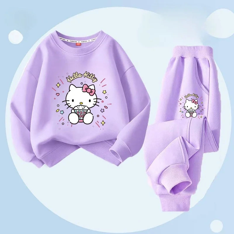 Kid's Kitty Printed O-Neck Pullover Long Seleve Sweatsuit