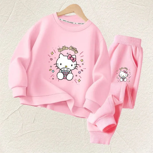 Kid's Kitty Printed O-Neck Pullover Long Seleve Sweatsuit