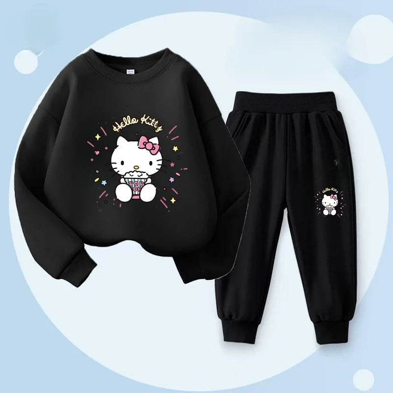 Kid's Kitty Printed O-Neck Pullover Long Seleve Sweatsuit
