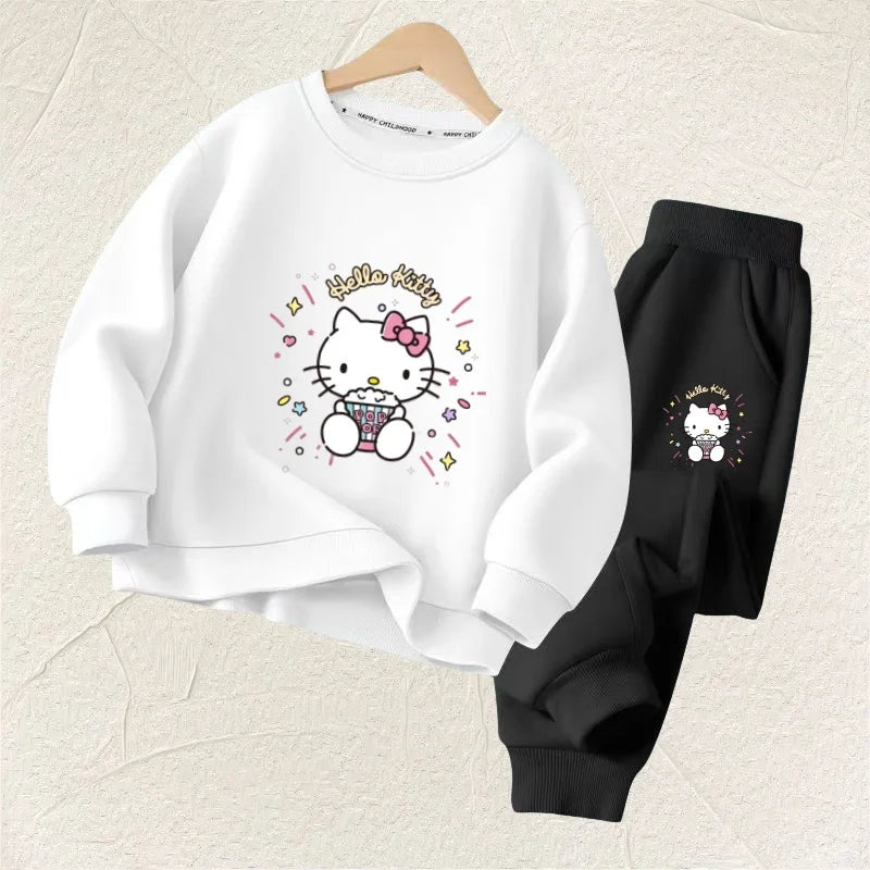 Kid's Kitty Printed O-Neck Pullover Long Seleve Sweatsuit