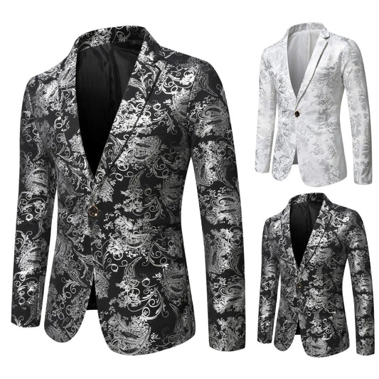 Men's Slim Fit Business Casual Silver Stage Print Blazer Jacket