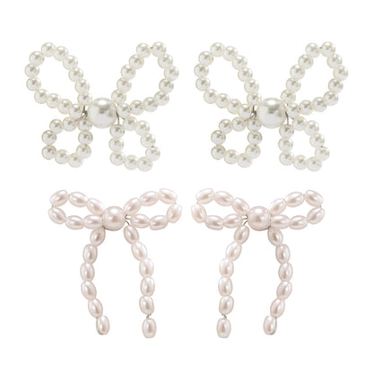 pearl bow earrings, long tassel earrings