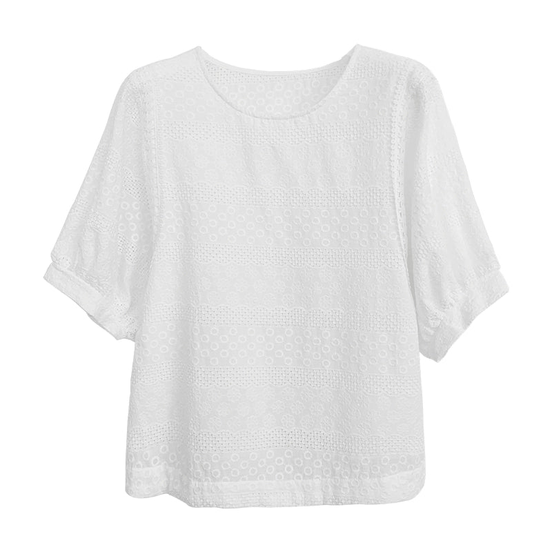 Blouses d'été en dentelle de coton brodée à col rond pour femmes