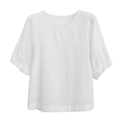 Blouses d'été en dentelle de coton brodée à col rond pour femmes