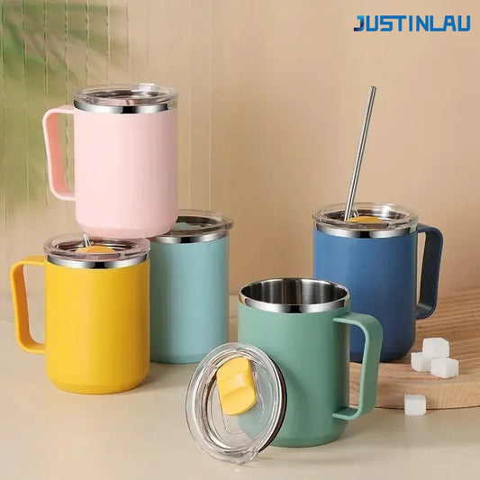Tasse isolée portative en acier inoxydable avec poignée et couvercle