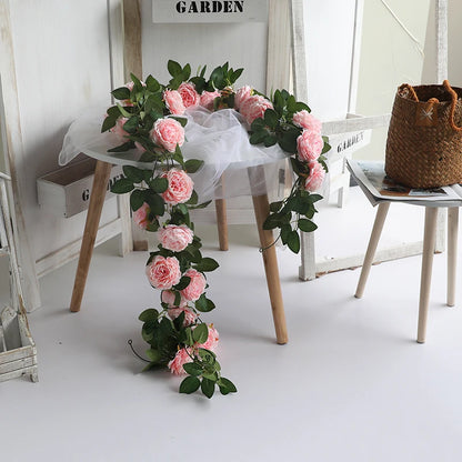 Pink Silk Peony Rose & Fake Ivy Rattan Garland