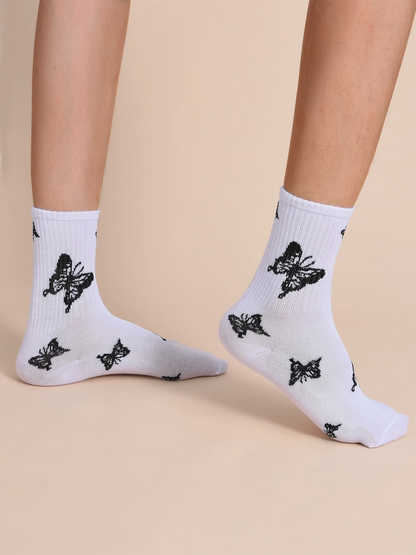 Mid-Length Black & White Butterfly Socks