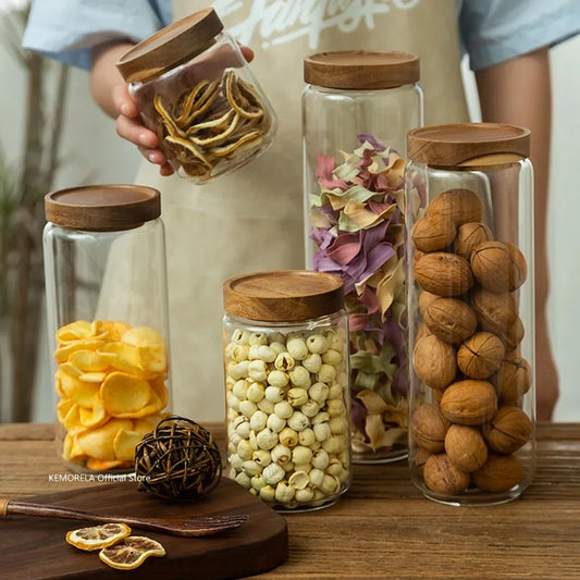 Ensemble de boîtes en verre avec couvercle en bois