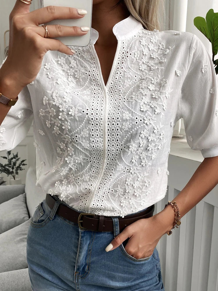 Summer Embroidery Lace V Neck Short Sleeve Tops