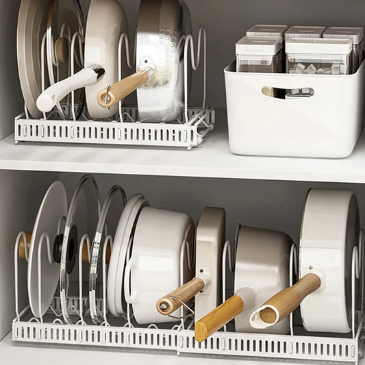 Organisateur de cuisine de comptoir extensible pour casseroles et poêles