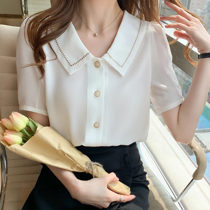 Women Turn Down Collar Short Sleeve Chiffon Blouse