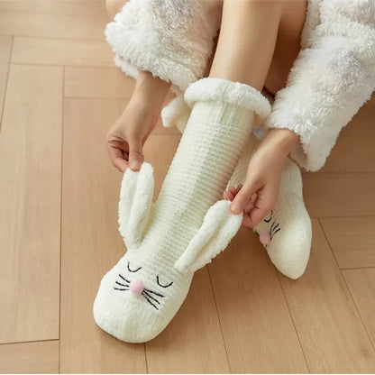 Chaussettes d'hiver en peluche avec oreilles de lapin 3D