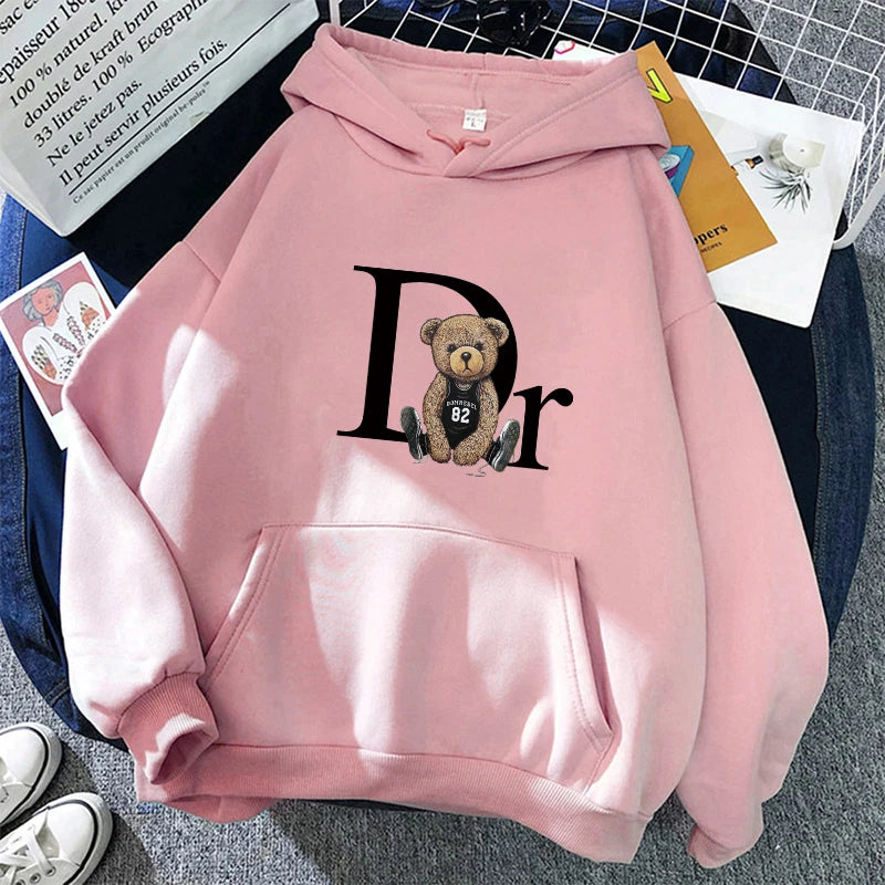 Unisex Long Sleeve Letter Bear Print Hoodie