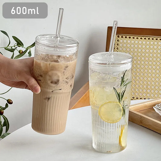 600 ml gestreifter Trinkbecher aus Glas mit Tee-Deckel und Strohhalm