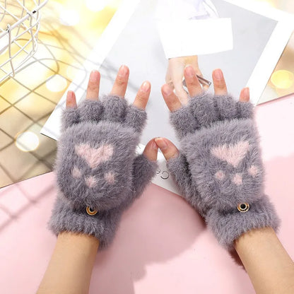 Fluffy Bear Paw Fingerless Gloves