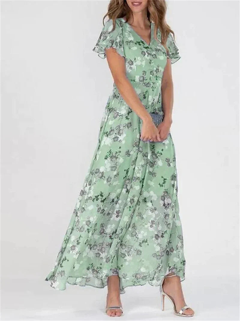Women's Ruffle Short Sleeve V Neck Floral Chiffon Maxi Dresses