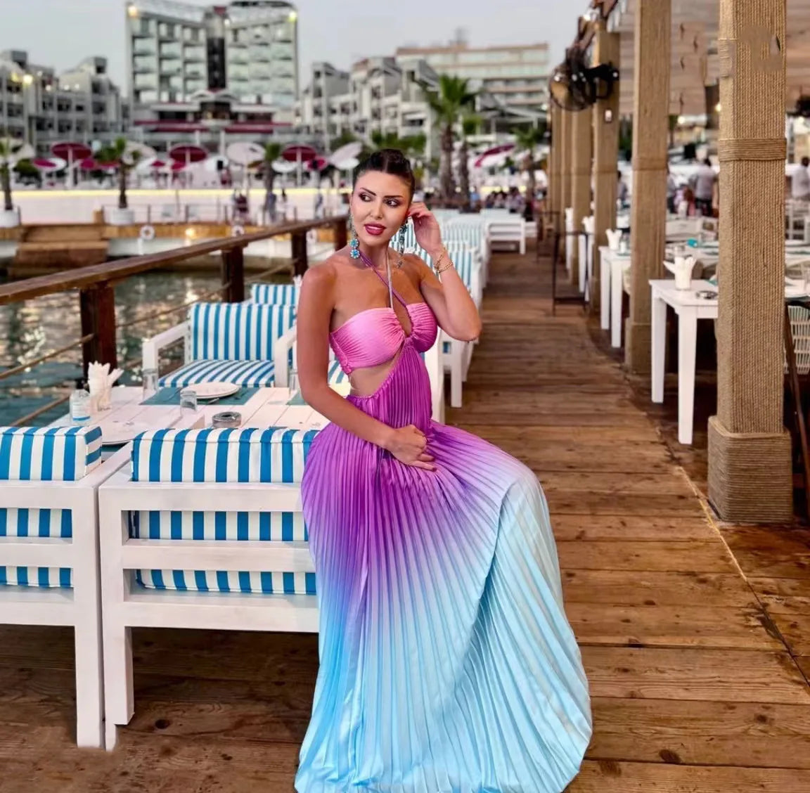 Gradient Pleated French Dress