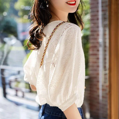 Summer Embroidery Cotton Lace O-neck Women's Blouses