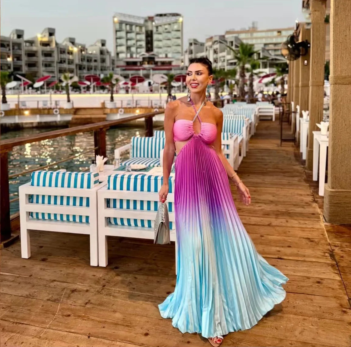 Gradient Pleated French Dress