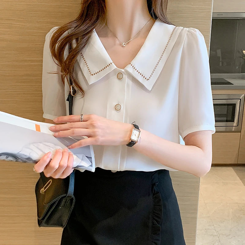 Women Turn Down Collar Short Sleeve Chiffon Blouse