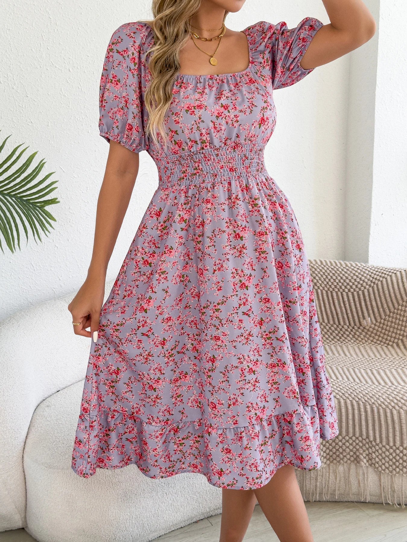 Women's Short Sleeve Floral Print Square Neck Ruffled Edge Dresses